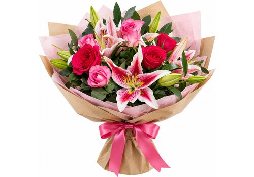 pink assorted roses and oriental lily
