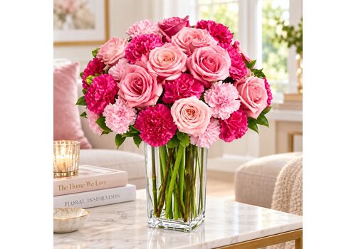 Roses and carnations in a glass vase