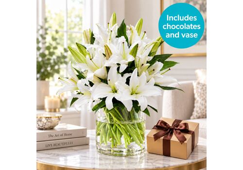 simply stylish oriental lily with chocolates and vase